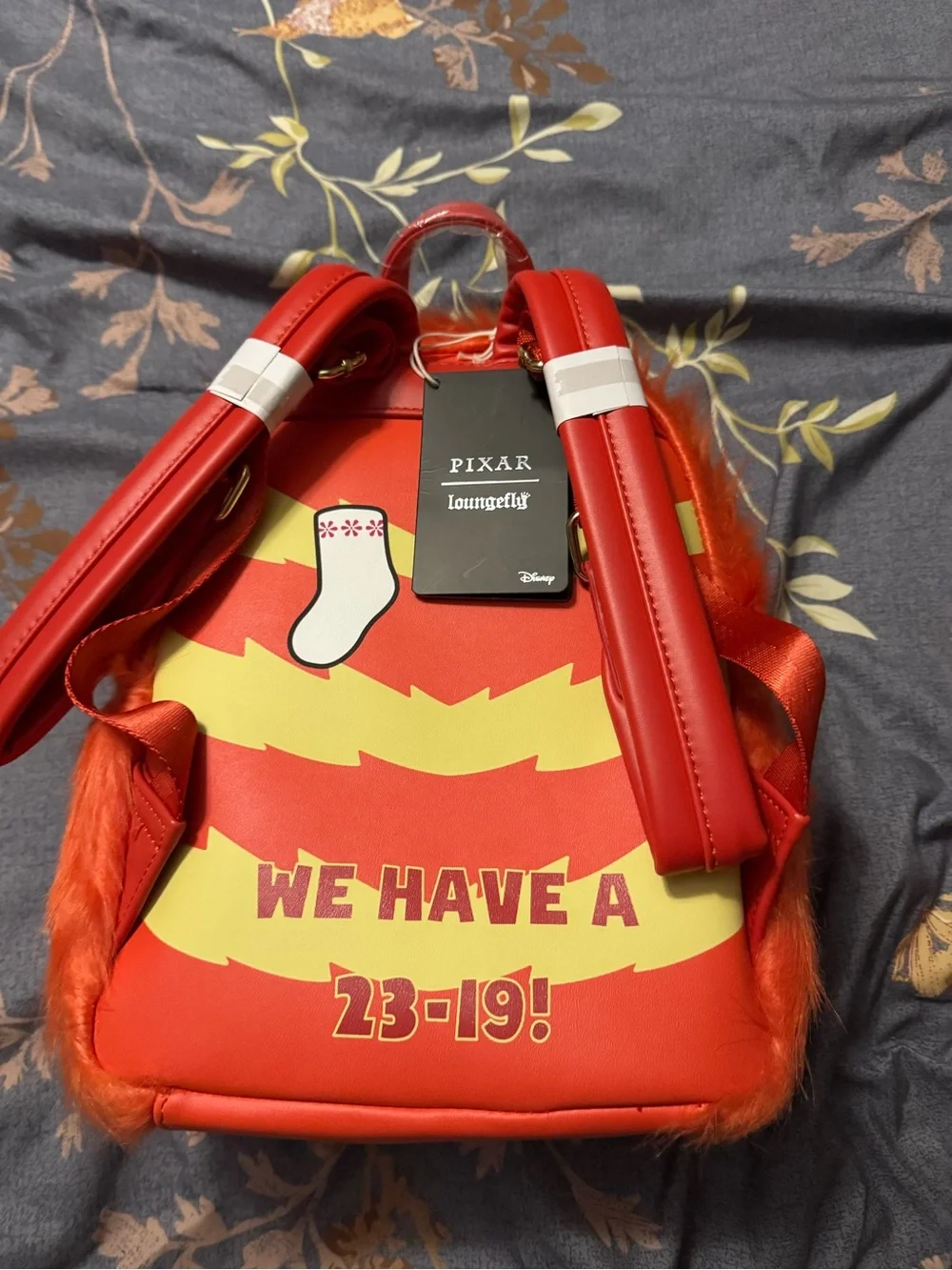 Loungefly Pixar Red Fuzzy Monster Backpack with Yellow Accents